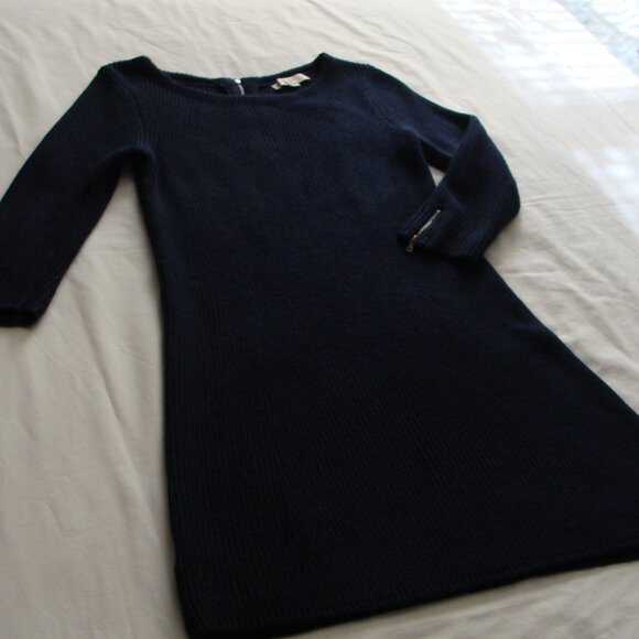 ANN TAYLOR LOFT Navy Blue 3/4 Sleeve ZIP Detail WOOL Blend SWEATER DRESS Sz S - Picture 1 of 9
